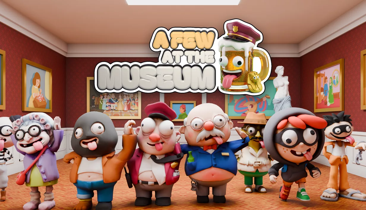 The whole cast lined up under the logo in a gallery hung with parody paintings