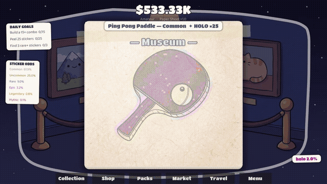 Gameplay: a holographic sticker peeled off a surface, then a booster pack torn open to reveal a spread of cards