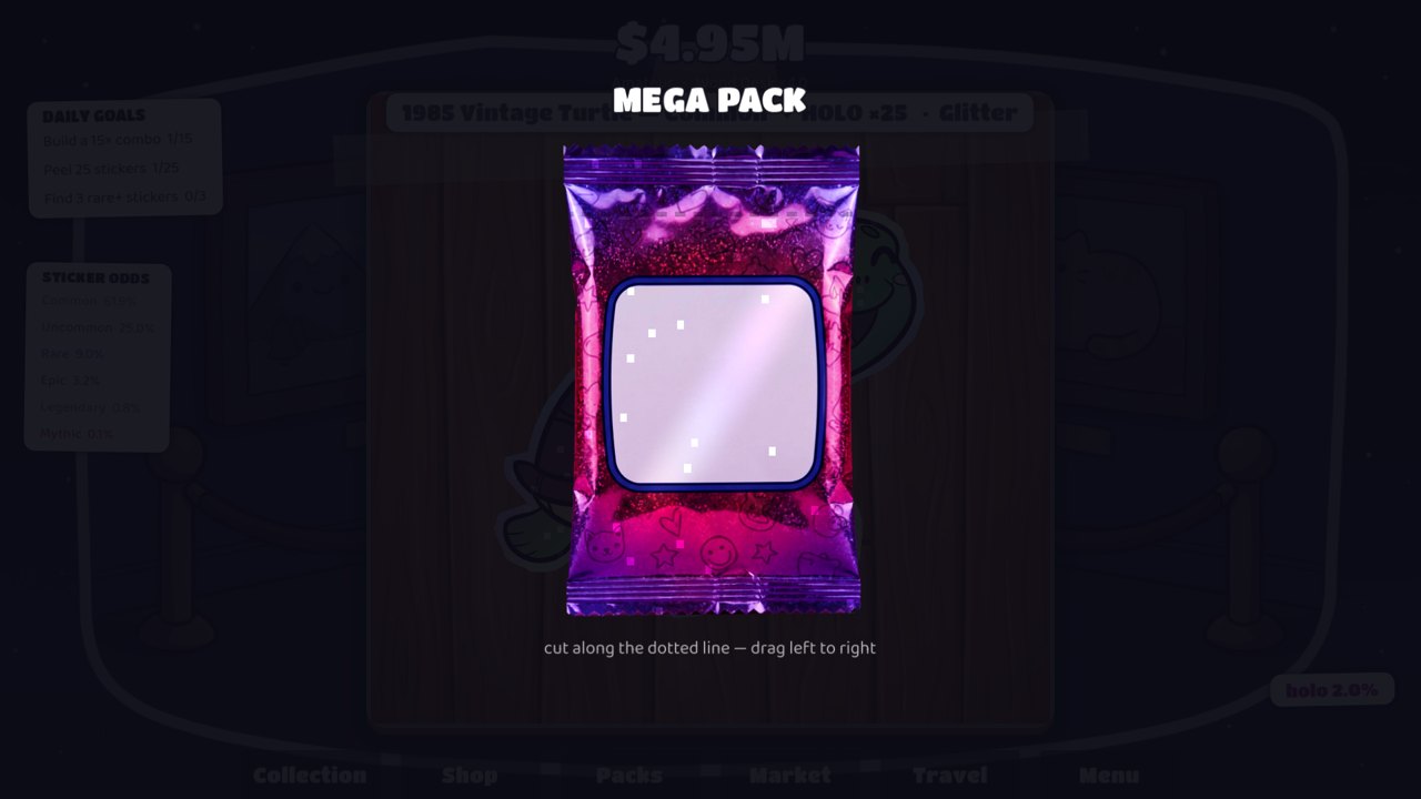 A sealed foil booster pack with a dotted cut line