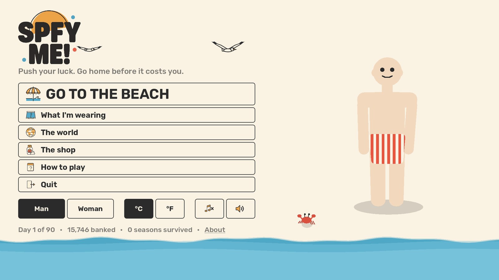 The SPFY ME! front door — the wordmark, a menu, a figure standing on the sand and the sea rolling in