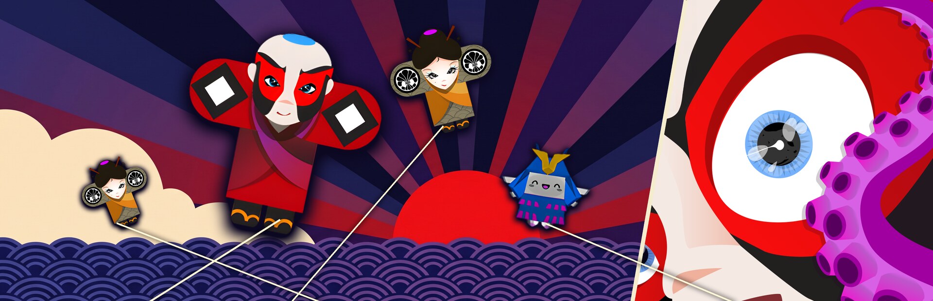 Yakko Tako Royale key art: kites on crossing strings over a rising sun, with the tako watching from the edge