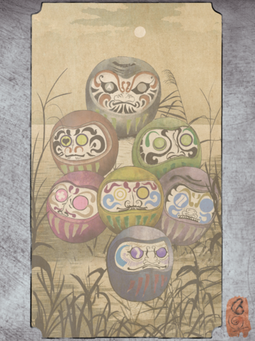 A pyramid of daruma in the reeds