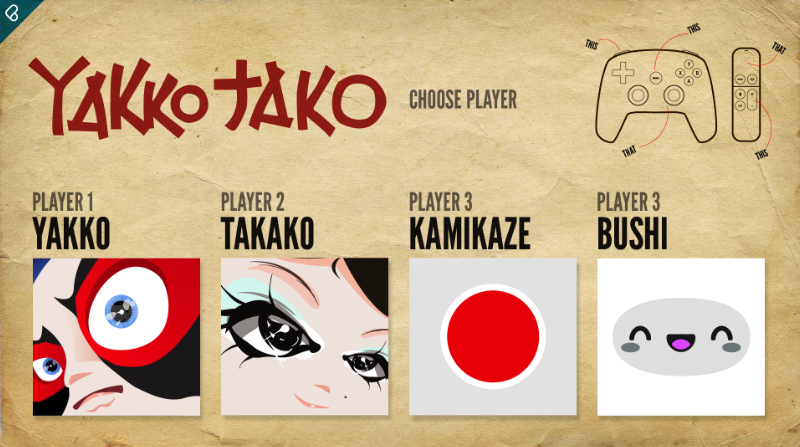 Character select screen — Yakko, Takako, Kamikaze, Bushi